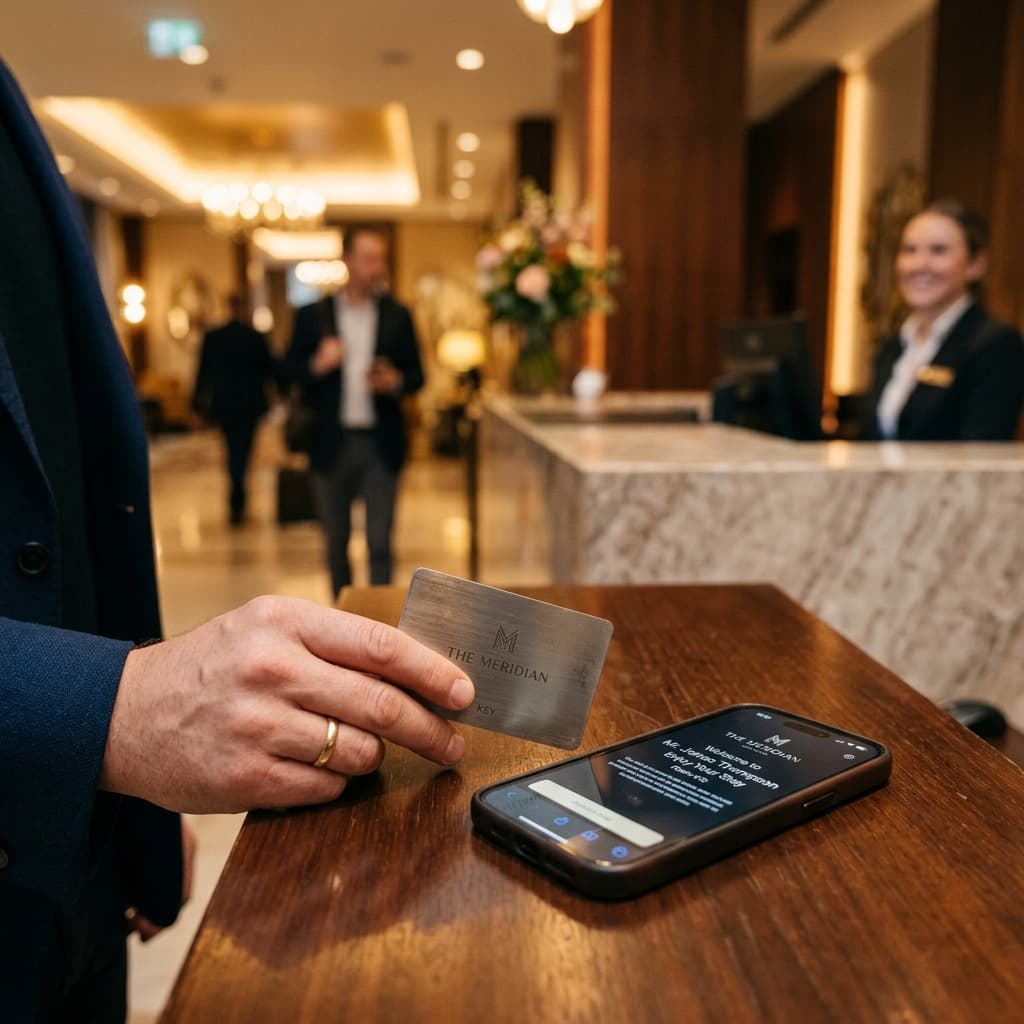 Hotel guest tapping NFC key card to phone at check-in