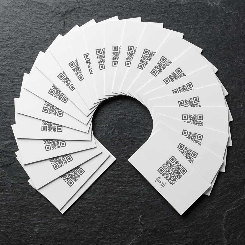 Fan spread of white NFC business cards on a dark surface